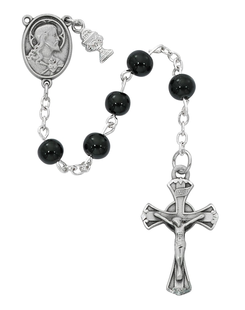 6 mm Black Glass Communion Rosary Boxed