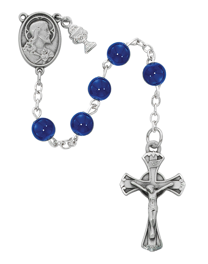6 mm Blue Glass Communion Rosary Boxed