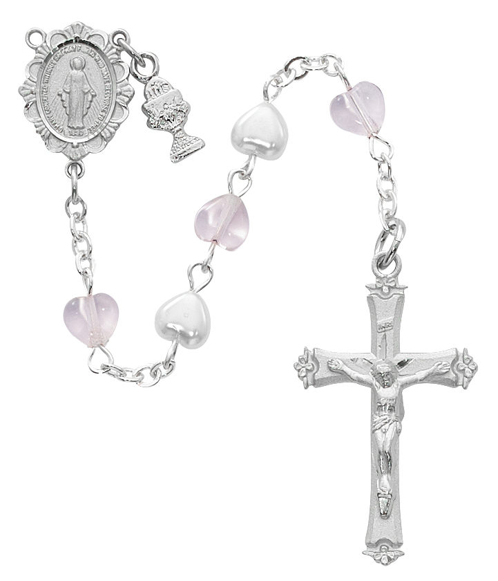 Pink & White Heart Communion Rosary Boxed