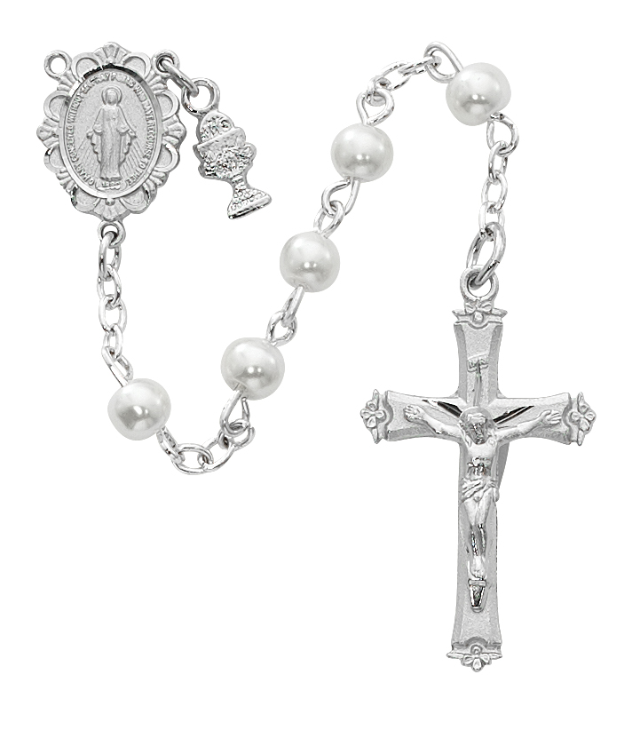 5 mm Imitation Pearl Communion Rosary Boxed