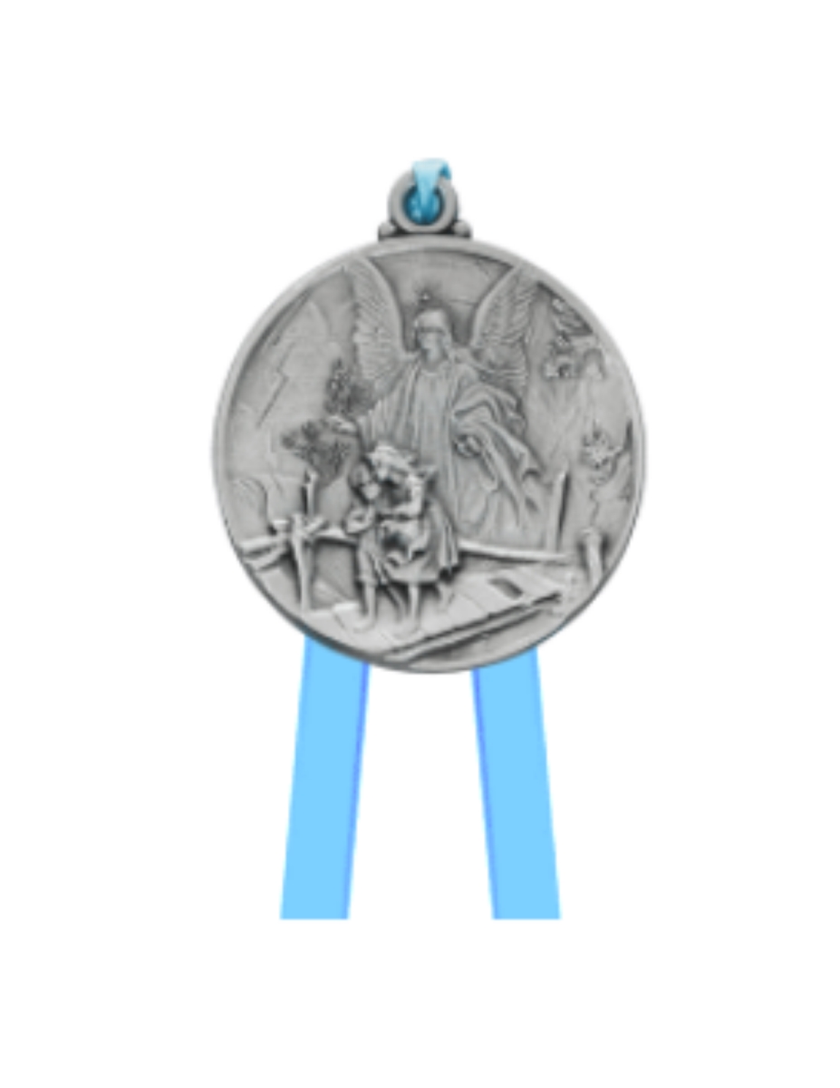 Picture of Mcvan PW12-GAB Pewter Guardian Angel Crib Medal with Blue Ribbon Engravable Back Carded