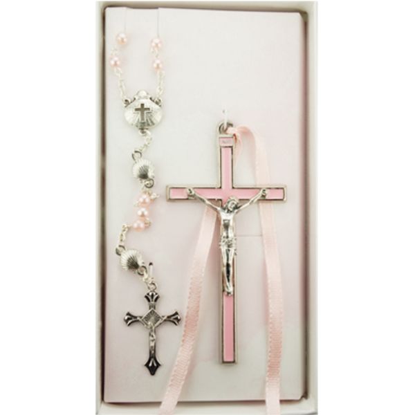 Picture of Mcvan BS53 5 mm Pink Glass Beads with Zinc Alloy Center&#44; Crucifix & Medals with Pewter Epoxy Crucifix&#44; Boxed