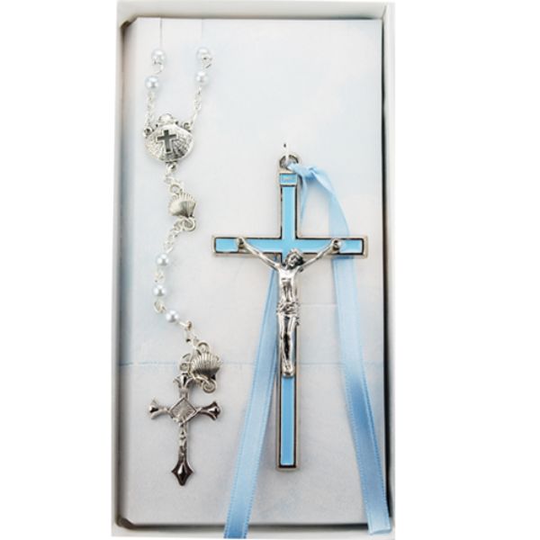 Picture of Mcvan BS54 5 mm Blue Glass Beads with Zinc Alloy Center&#44; Crucifix & Medals with Pewter Epoxy Crucifix&#44; Boxed