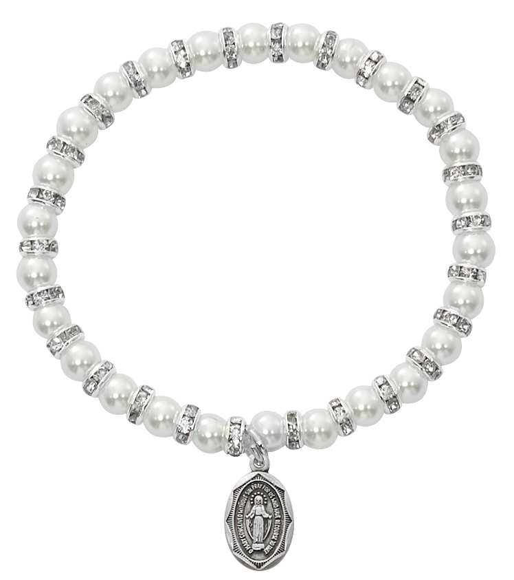 Picture of Mcvan BR42 5.5 in. 4 mm Pearl Like Glass Stretch Bracelet with Sterling Miraculous Boxed