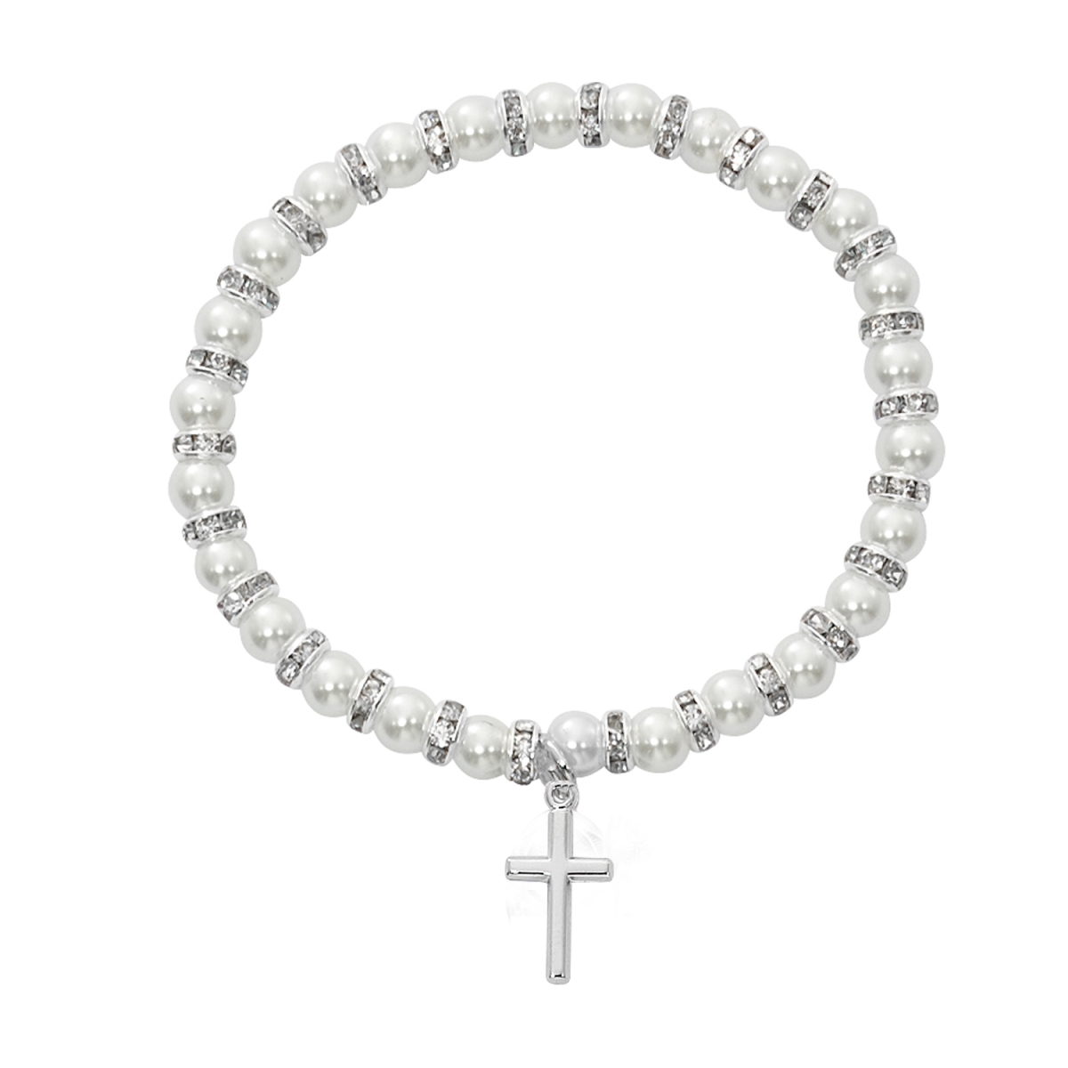 Picture of Mcvan BR45 5.5 in. 4 mm Pearl Like Glass Stretch Bracelet with Pewter Cross Boxed