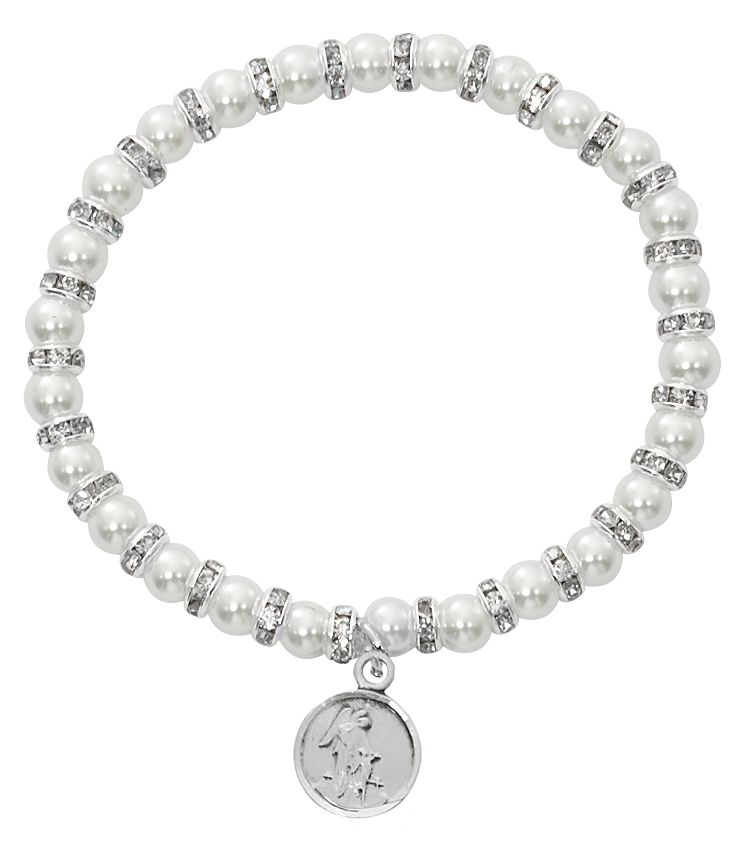 Picture of Mcvan BR47 5.5 in. 4 mm Pearl Like Glass Stretch Bracelet with Pewter Guardian Angel Boxed