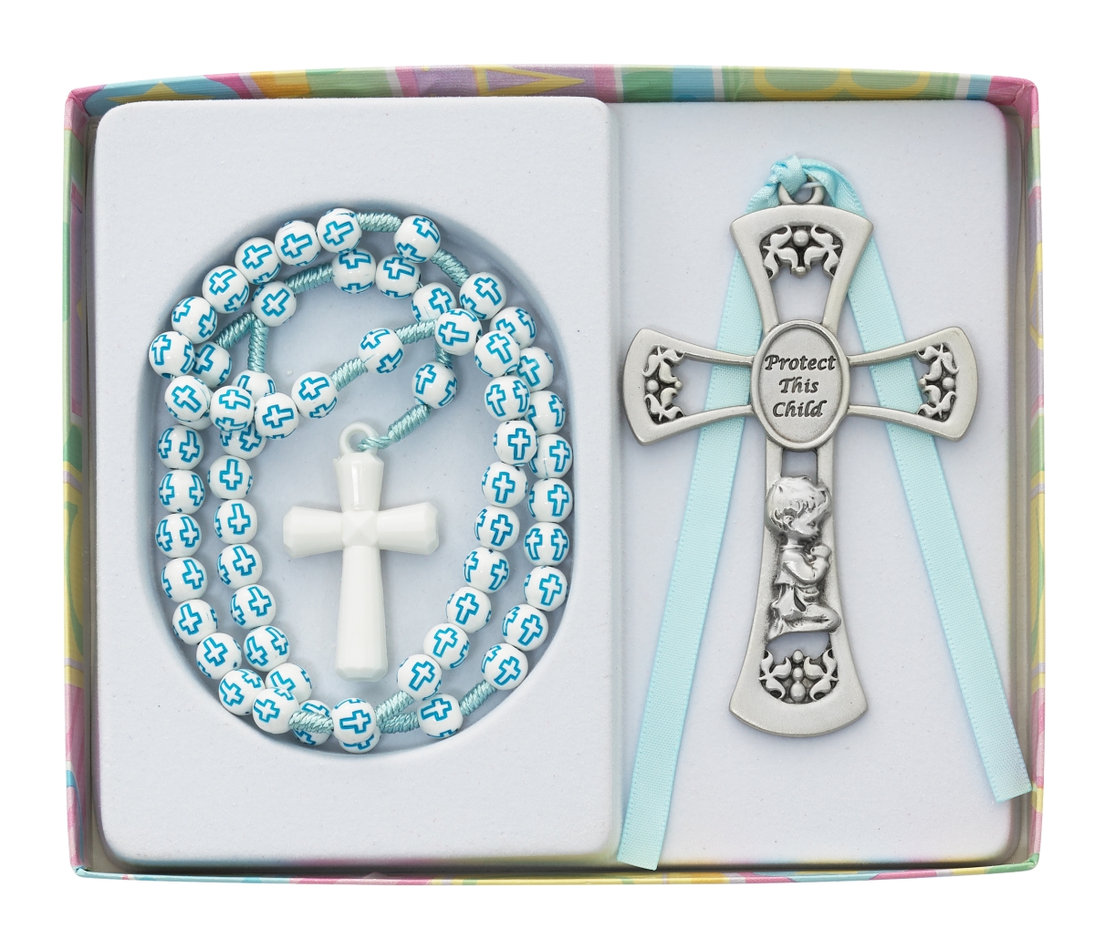 Picture of Mcvan BS63 6 mm Boys Blue Cross Rosary with 3 in. Pewter Crib Medal Boxed