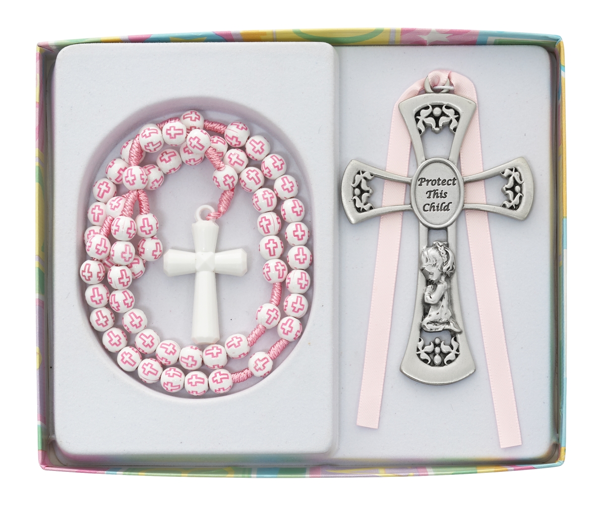 Picture of Mcvan BS64 6 mm Girls Pink Cross Rosary with 3 in. Pewter Crib Medal Boxed
