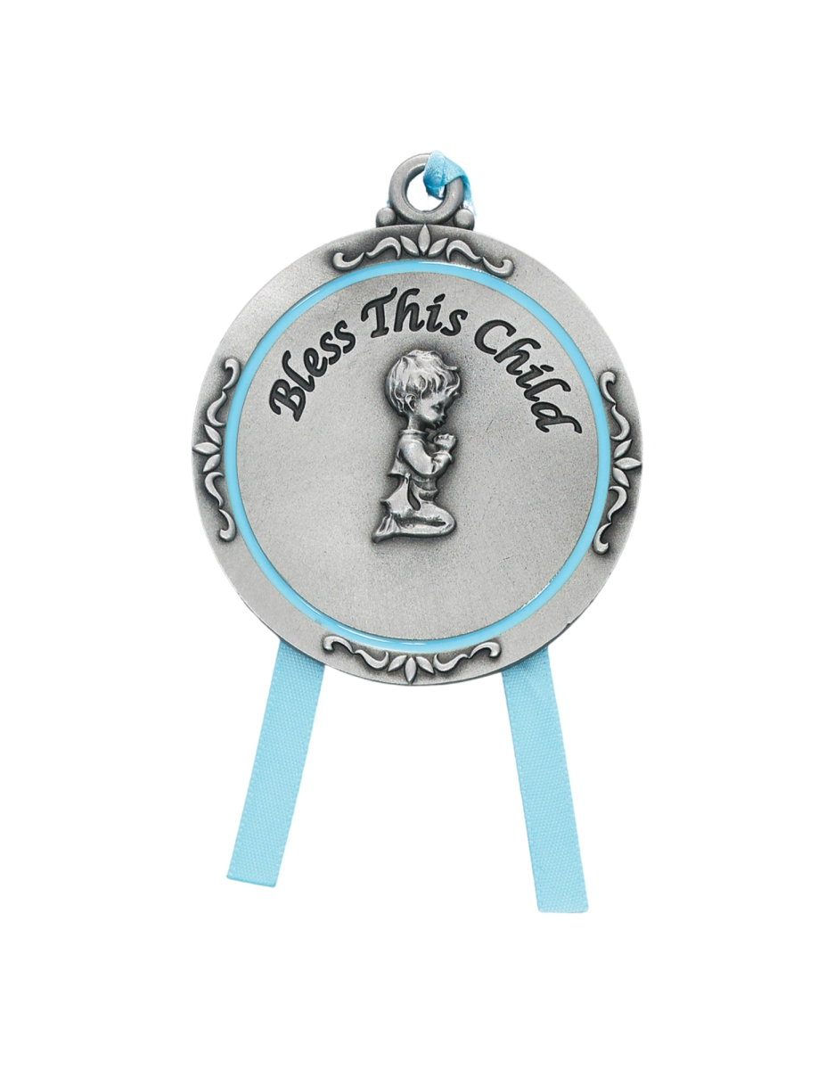 Picture of Mcvan PW12-B Pewter Boy Crib Medal with Blue Ribbon Engravable Back Carded