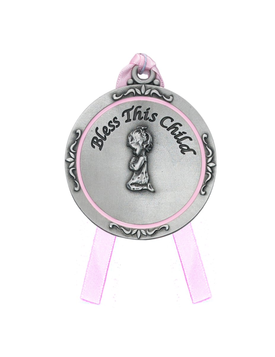 Picture of Mcvan PW12-P Pewter Girl Crib Medal with Blue Ribbon Engravable Back Carded