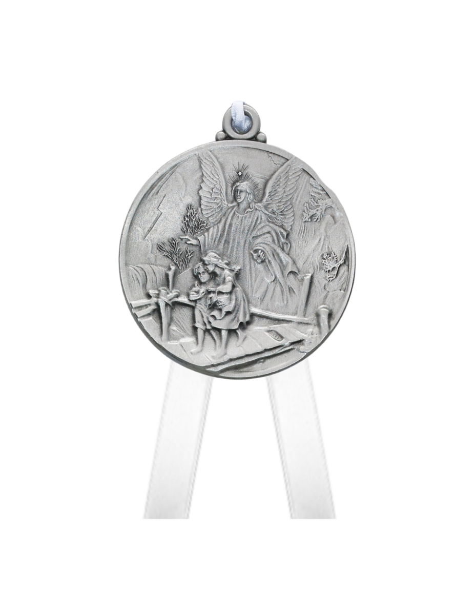 Picture of Mcvan PW12-GA Pewter Guardian Angel Crib Medal with White Ribbon Engravable Back Carded