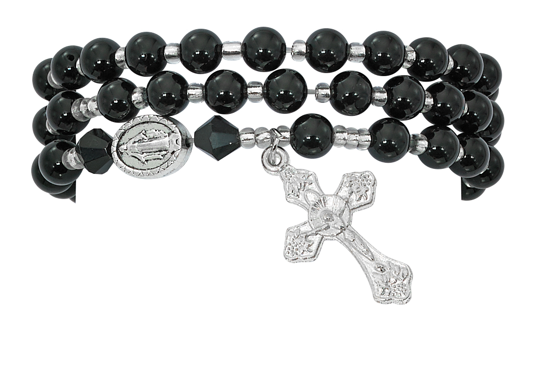 Picture of Mcvan BR630C 6 mm 3.5 in. Dia Adult Simulated Black Agate Twistable Rosary Bracelet Carded