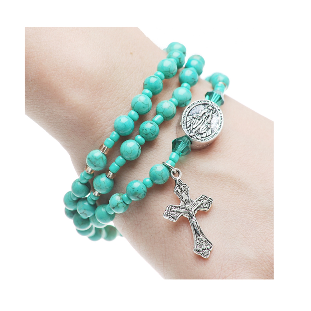 Picture of Mcvan BR644C 6 mm 3.5 in. Dia Adult Simulated Turquoise Twistable Rosary Bracelet Carded
