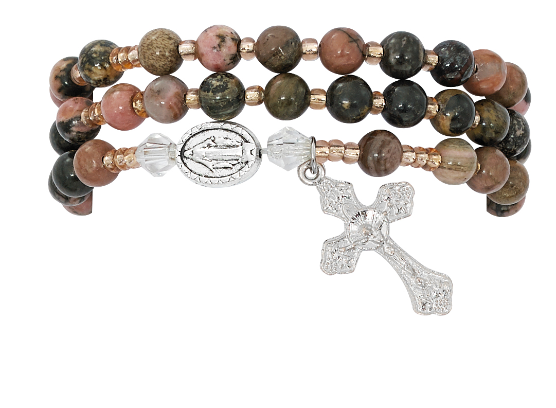 Picture of Mcvan BR645C 6 mm 3.5 in. Dia Adult Simulated Rhodonite Twistable Rosary Bracelet Carded