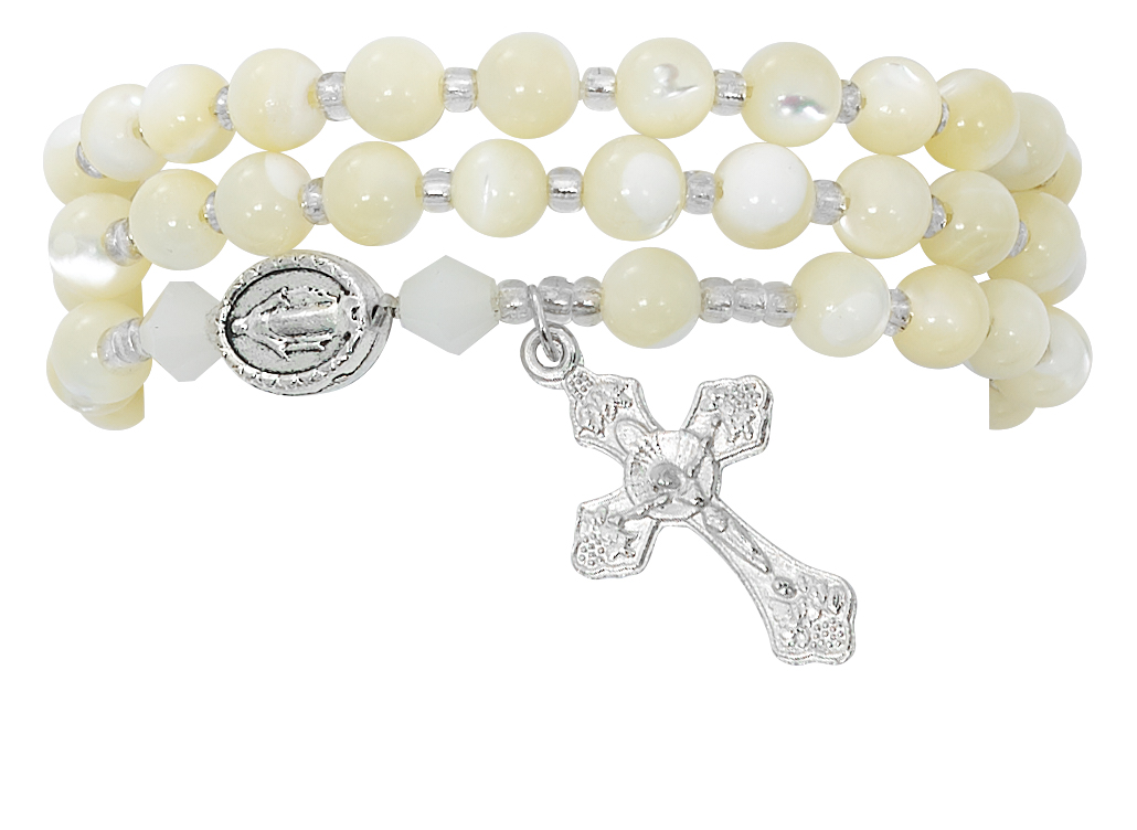 Picture of Mcvan BR647C 6 mm 3.5 in. Dia Adult Mother of Pearl Twistable Rosary Bracelet Carded