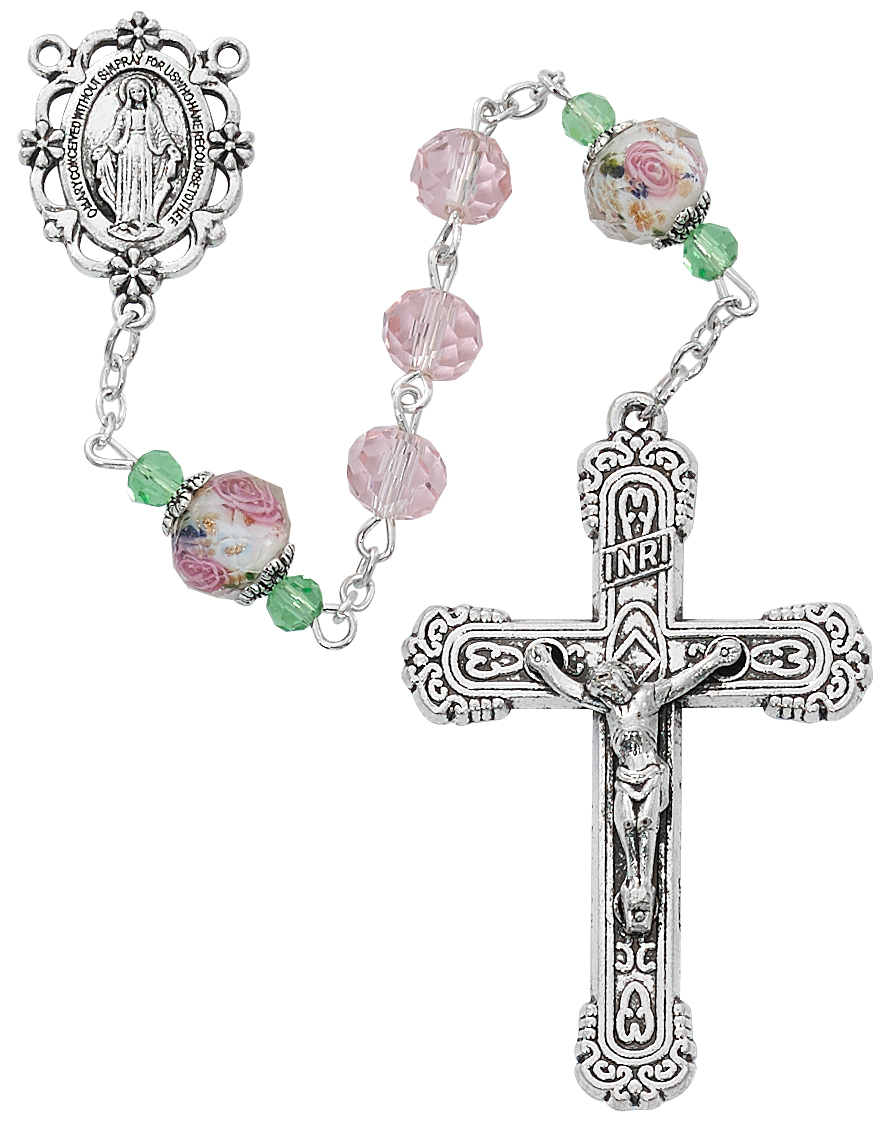 Picture of Mcvan R873F 8 x 7 mm Pink & Flower Crystal Rosary Boxed