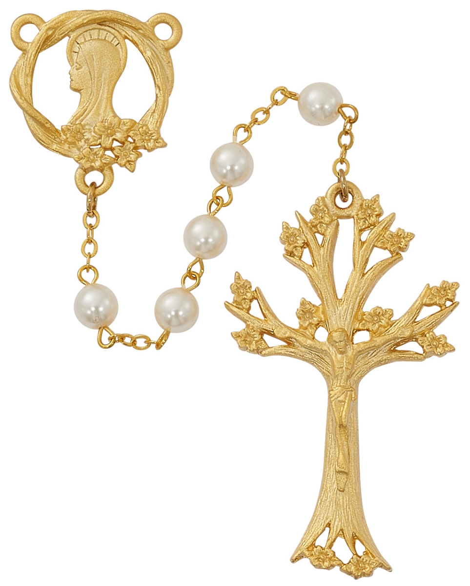 Picture of Mcvan R923F 7 mm Dogwood Rosary&#44; Gold & Pearl