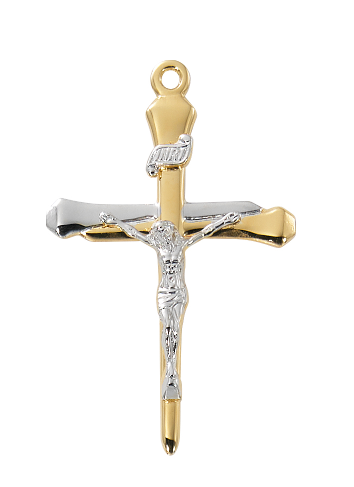 20 in. Gold Over Two Tone Crucifix Boxed Pendant, Silver & Gold