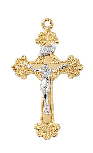 18 in. Gold Over Two Tone Crucifix Boxed Pendant, Silver & Gold