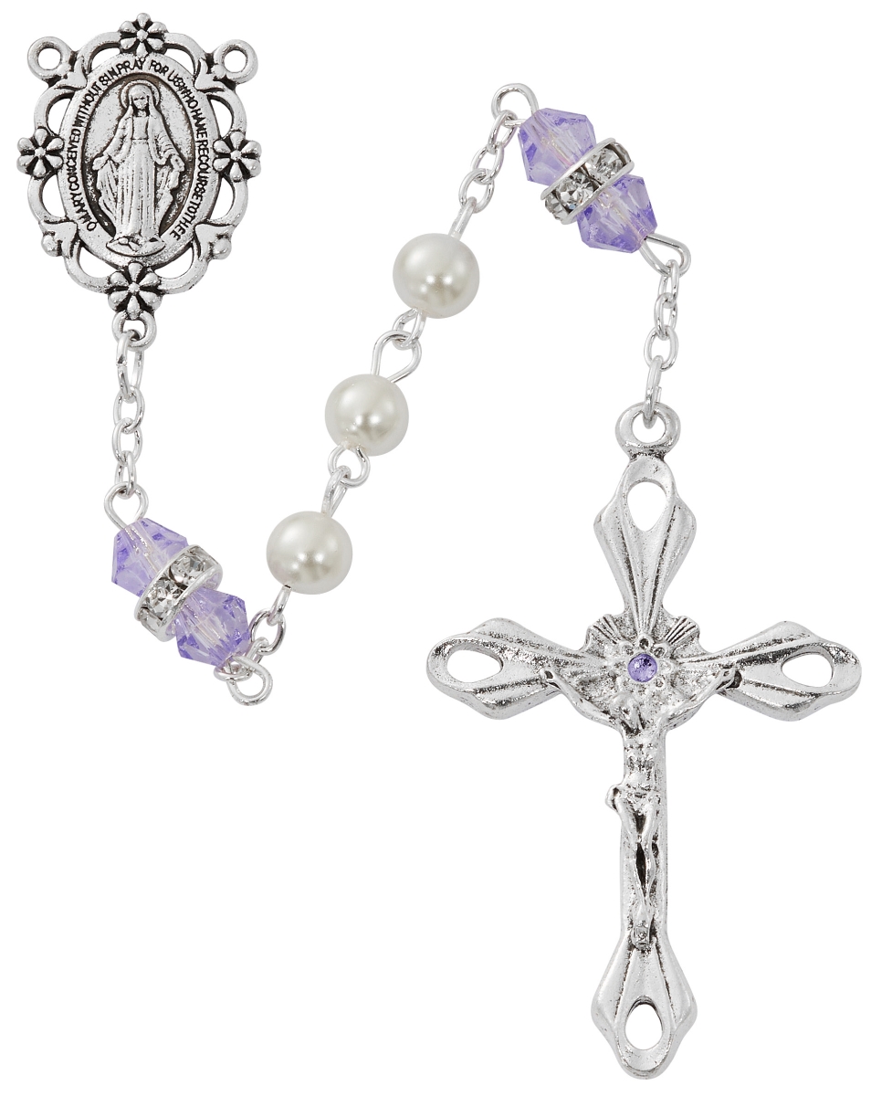 Picture of McVan R917AMKF June Birthstone Rosary Amethyst Pearl Glass