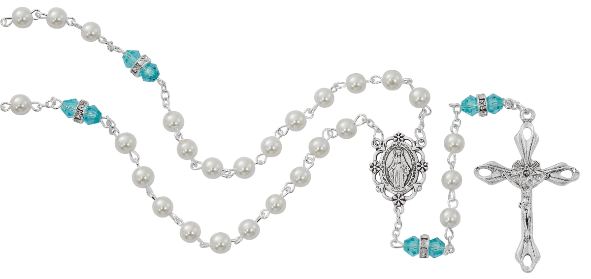 Picture of McVan R917AQKF March Birthstone Rosary Aquamarine Pearl Glass