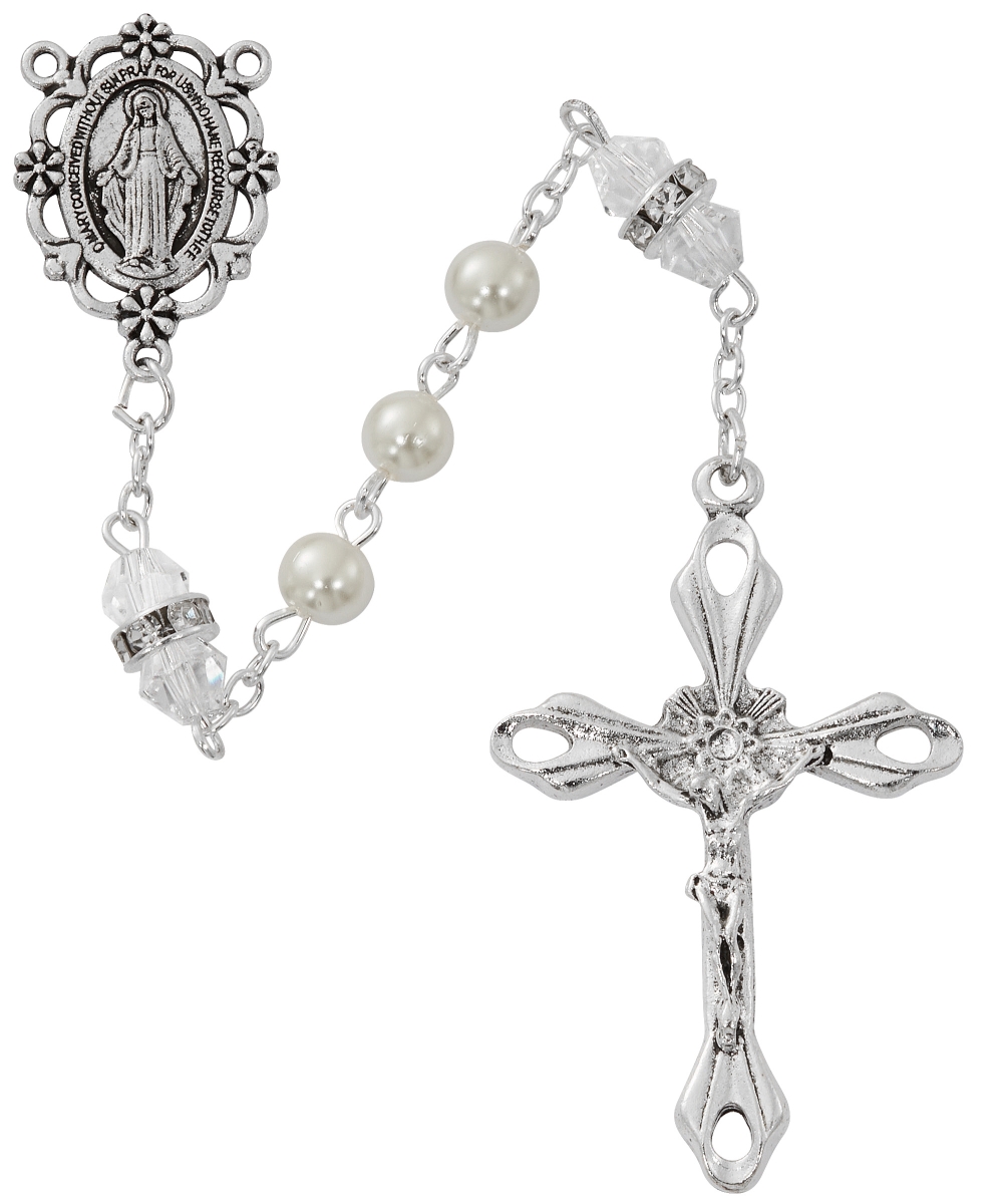 Picture of McVan R917CRKF April Birthstone Rosary Crystal Pearl Glass