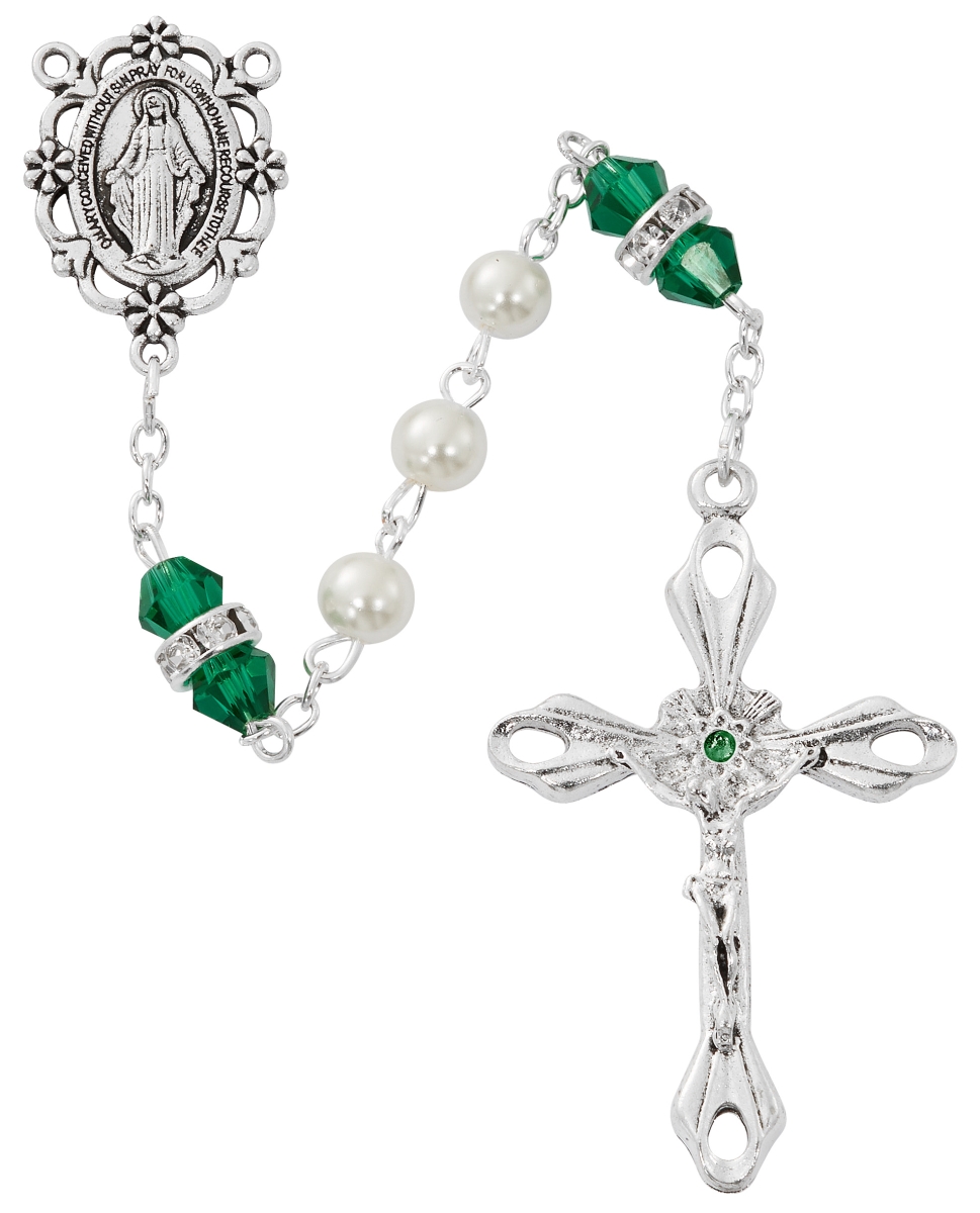 Picture of McVan R917EMKF May Birthstone Rosary Emerald Green Pearl Glass