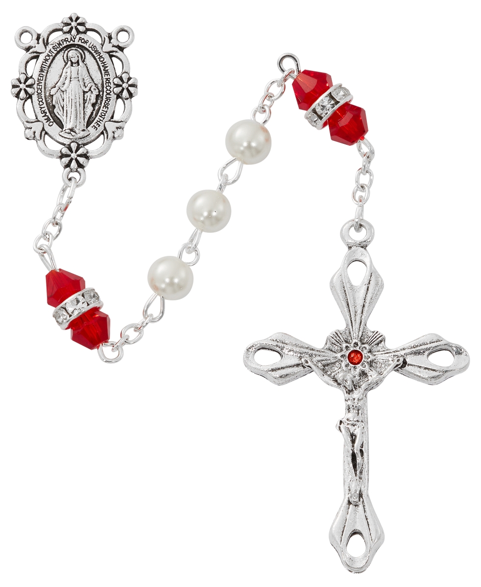 Picture of McVan R917RUKF July Birthstone Rosary Ruby Pearl Glass