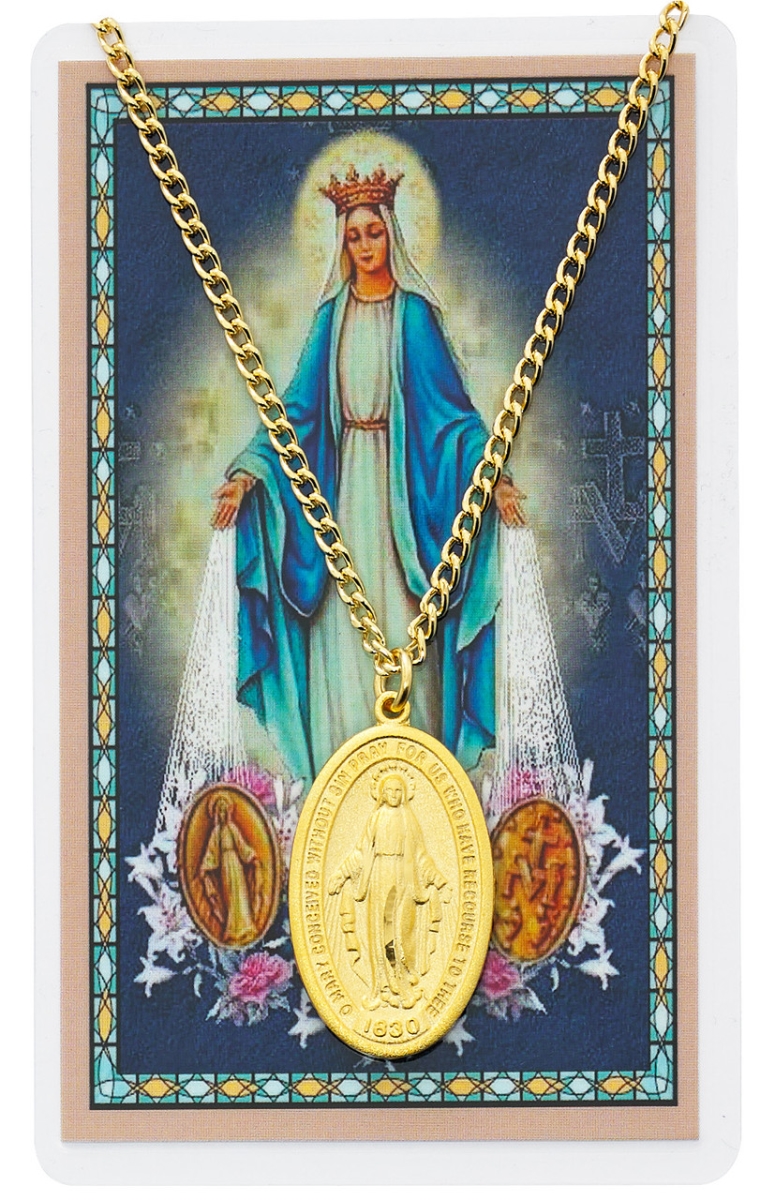 Picture of McVan PSHMG1 Miraculous Prayer Pewter Medal with 24 in. Gold-Tone Chain & Laminated Holy Card Set