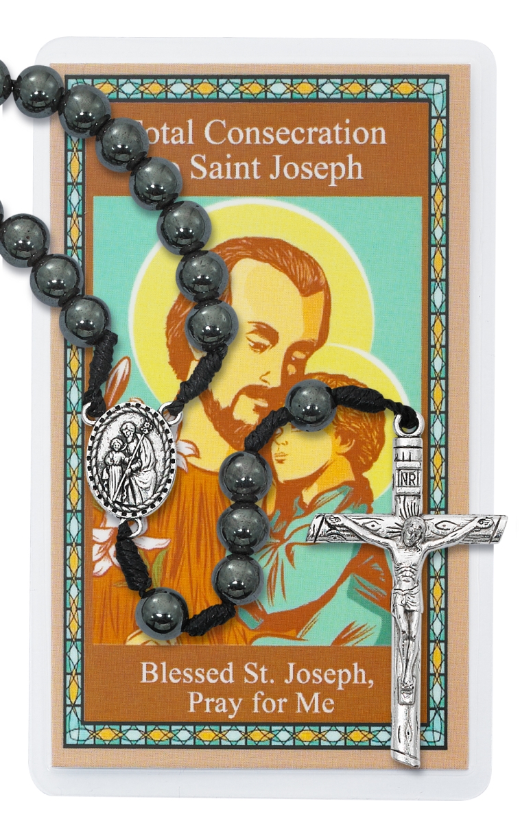 Picture of McVan PSD5 8 mm Hematite Corded St. Joseph Rosary with Laminated Consercation To Holy Card