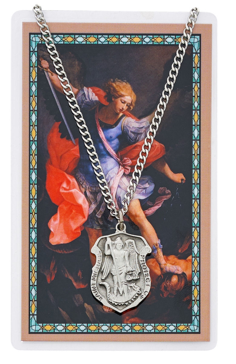 Picture of McVan PSD414 St Michael Prayer Pewter Police Badge Medal with 24 in. Silver-Tone Chain & Laminated Holy Card Set