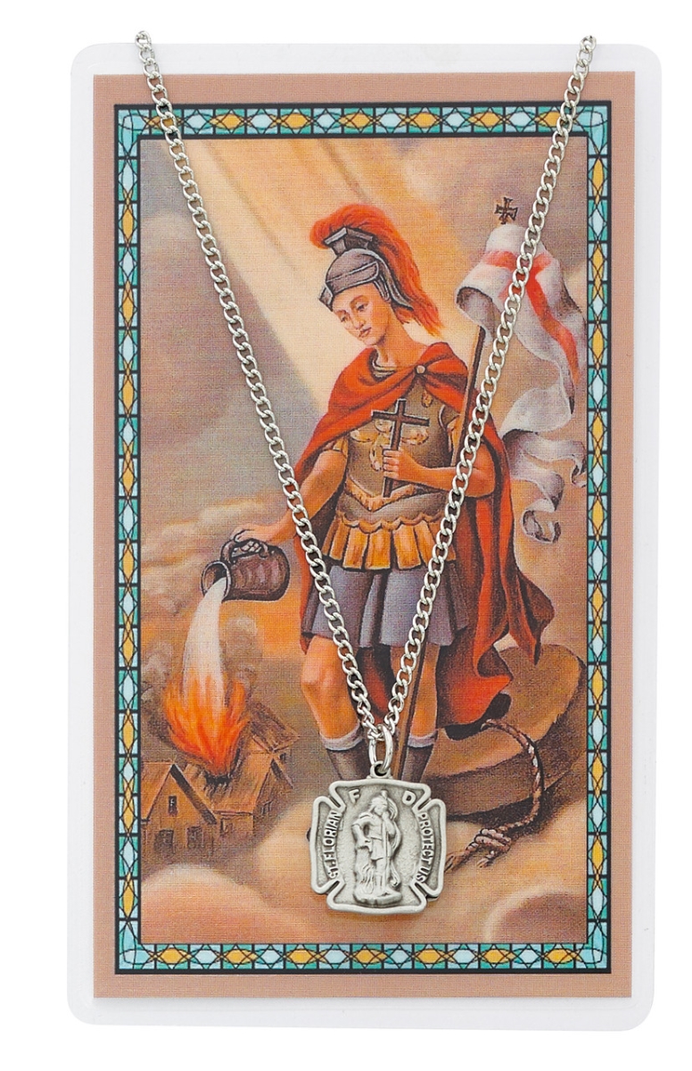 Picture of McVan PSD424 St Florian Prayer Small Pewter Medal with 18 in. Silver-Tone Chain & Laminated Holy Card Set