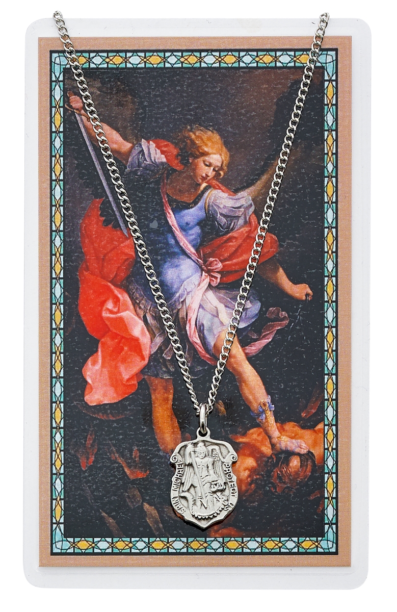 Picture of McVan PSD425 St Michael Prayer Small Pewter Police Badge Medal with 18 in. Silver-Tone Chain & Laminated Holy Card Set