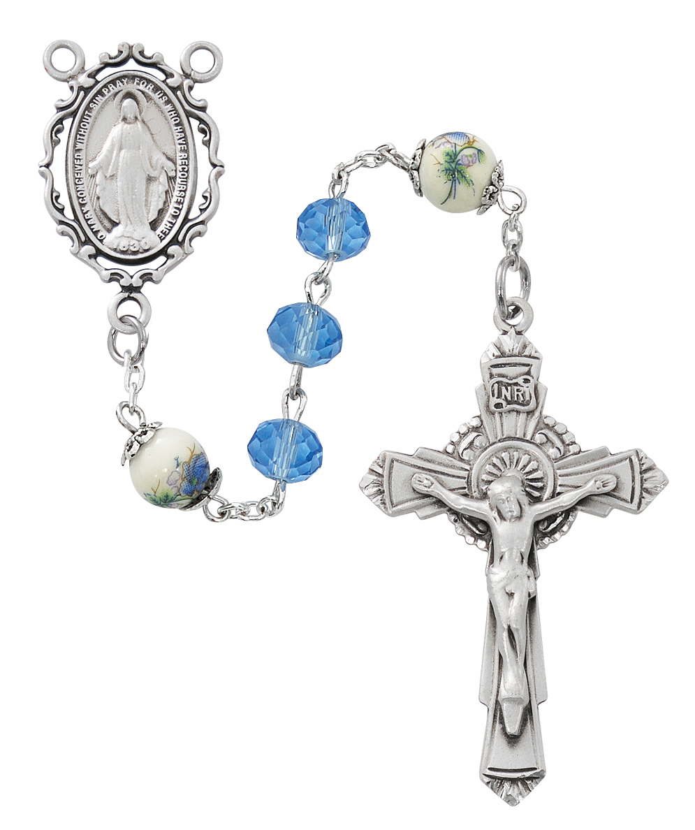 22 in. Ceramic & Blue Cryrstal Sterling Silver Center & Crucfix Rosary Box