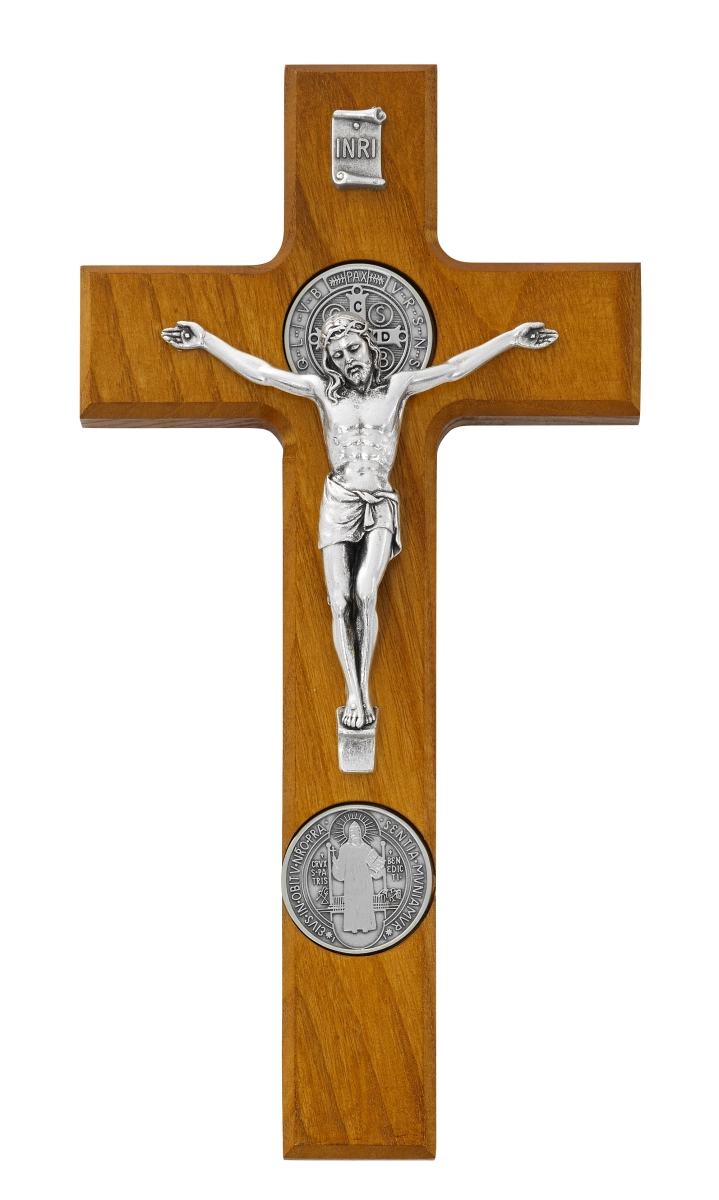 9 in. Walnut Stained Saint Benedict Crucifix Pendant Box