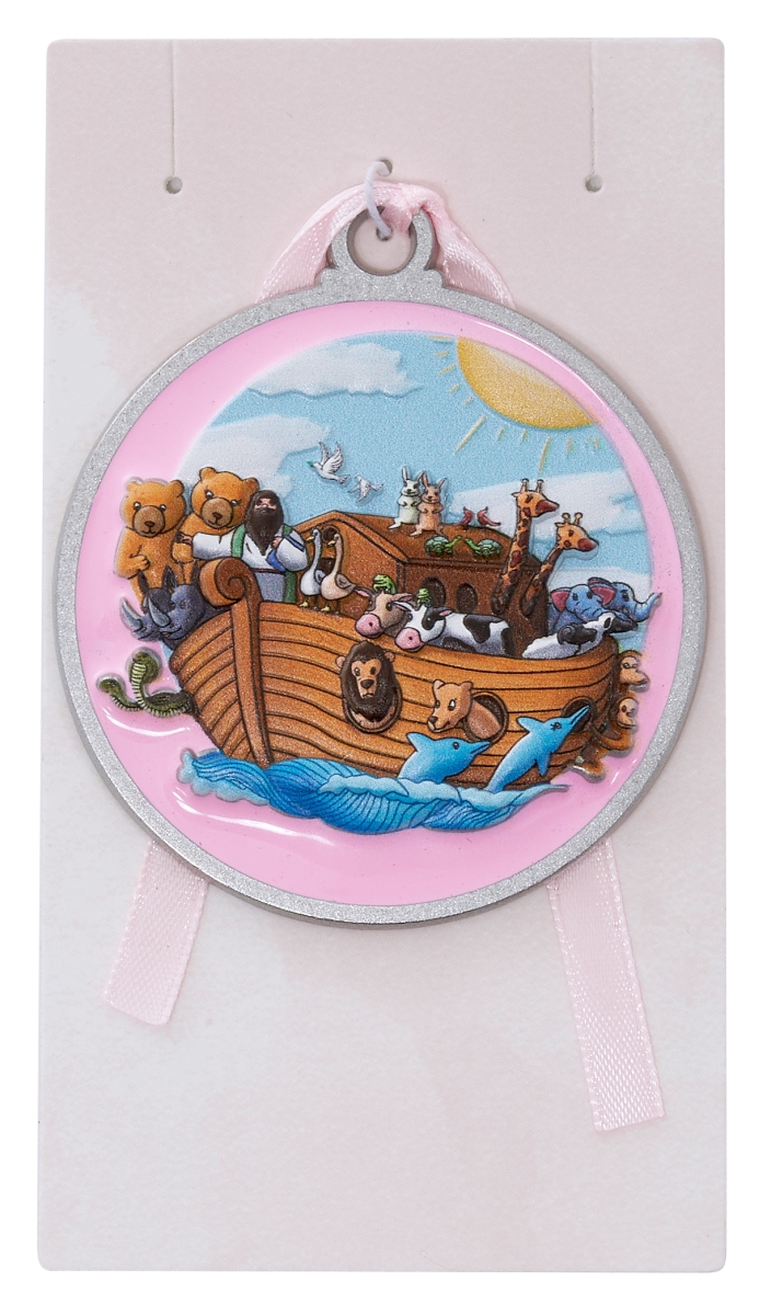 Picture of Mcvan PW37 2.5 x 2 in. Pink 3D Noahs Ark Crib Medal with Engravable Back Carded