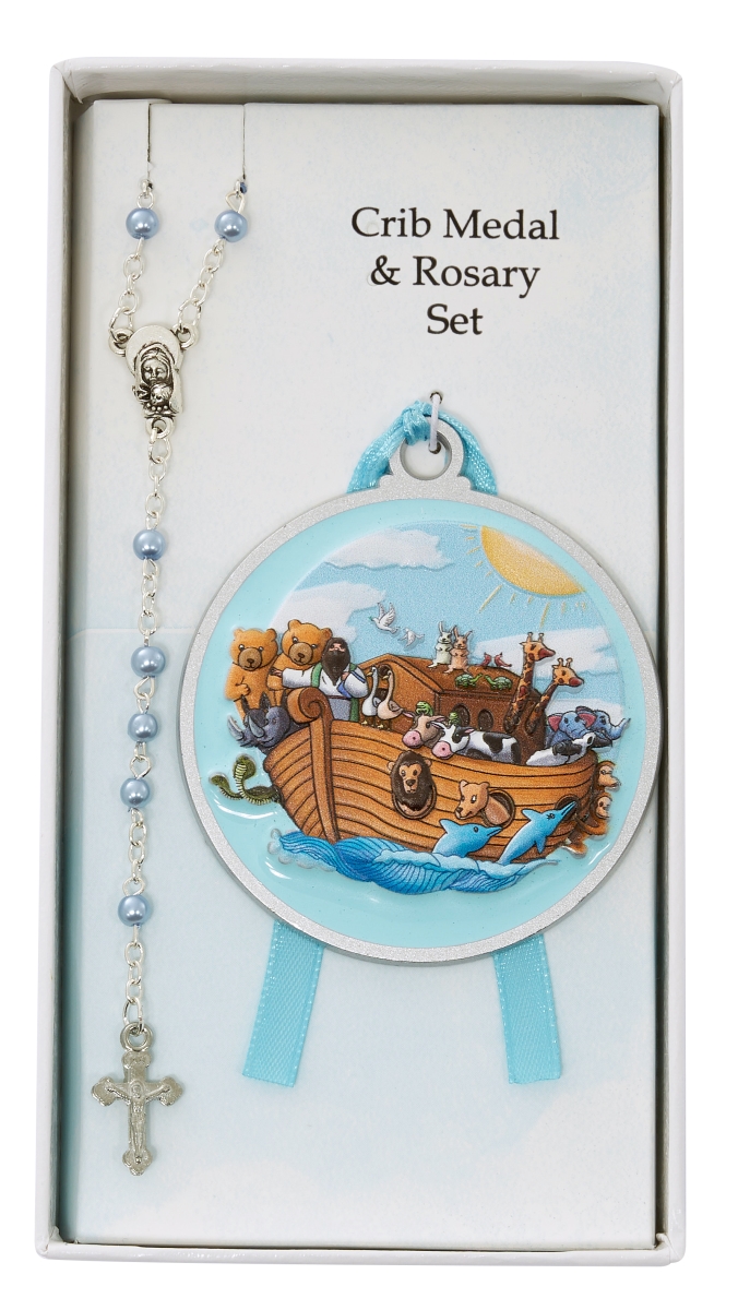 Picture of Mcvan BS68 6 x 3 in. 3D Blue Noahs Ark Crib Medal with Blue Rosary Box