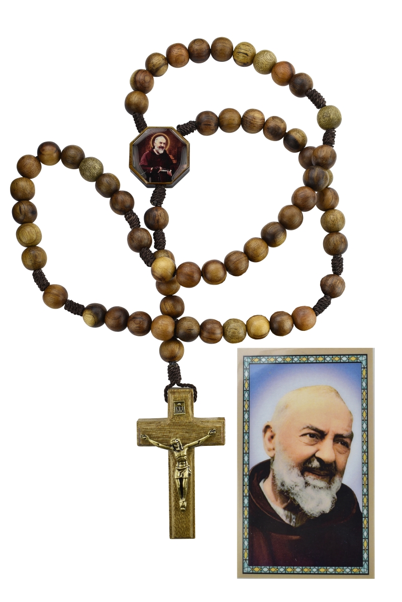 Picture of Mcvan P545R 18.5 in. Brown Brazillian Wood Padre Pio Wood Rosary with Holy Card