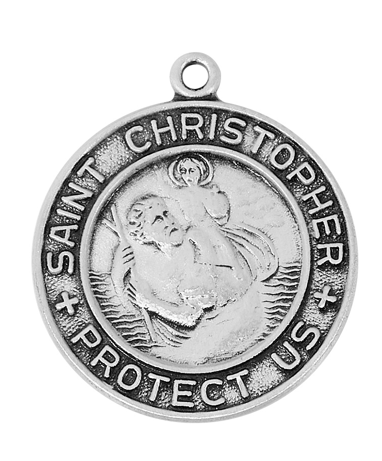 L850 13-16 in. Sterling Silver St. Christopher Medal Pendant with 18 in. Stainless Steel Chain Box