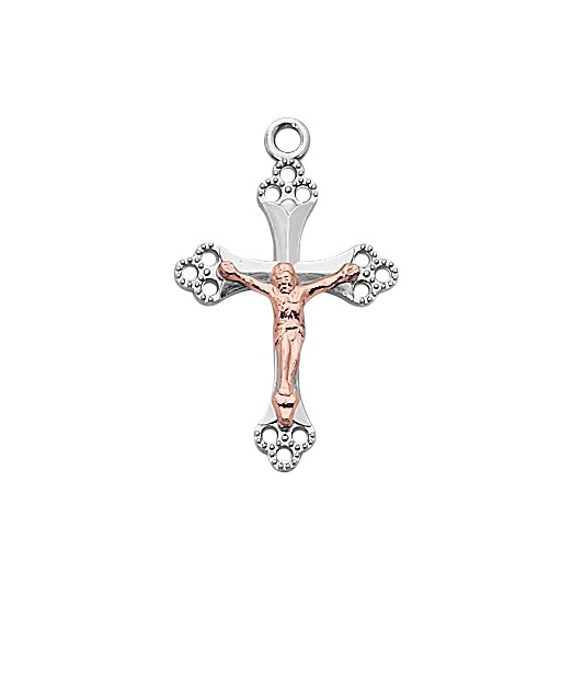 L9206 13-16 in. Tu-Tone Silver Cross with Rose Gold Corupus 18 in. Stainless Steel Chain Box