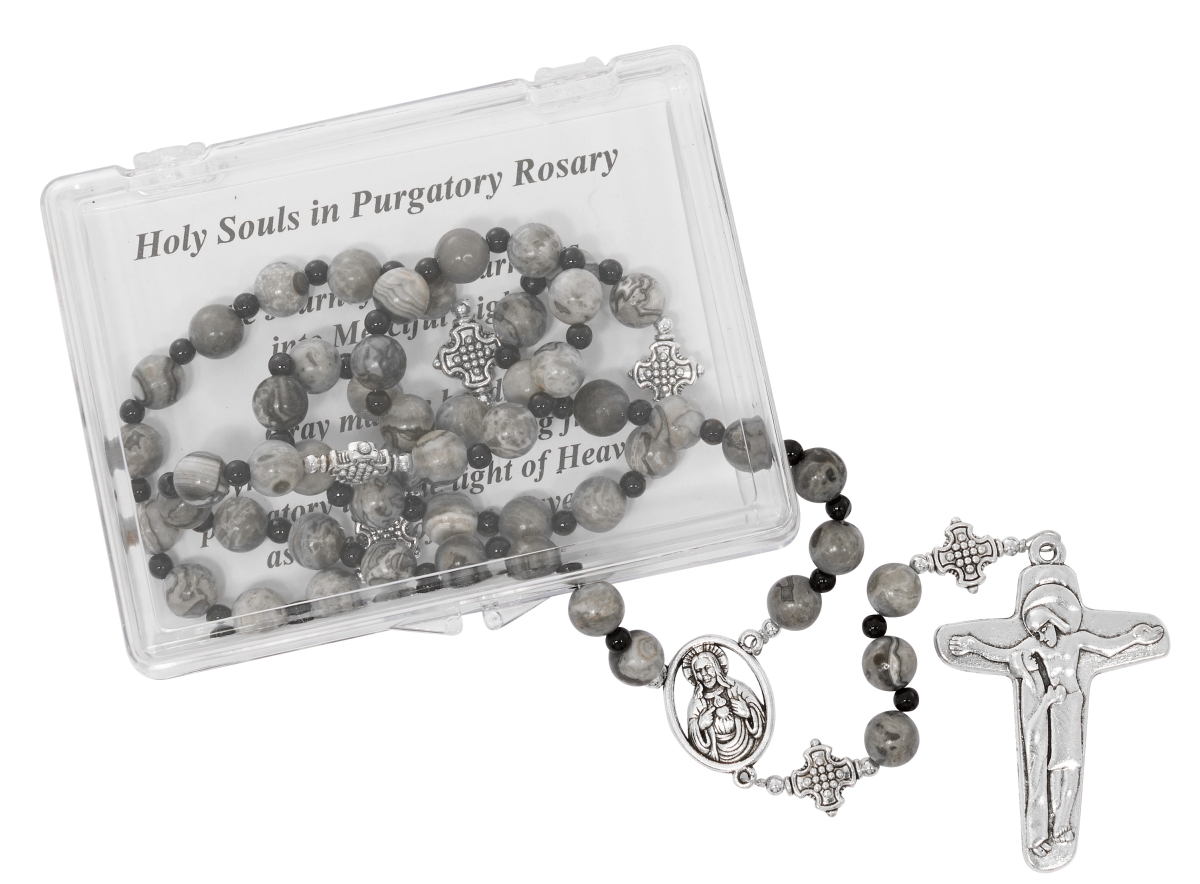 Picture of Mcvan P553R 17 in. Grey Marble Holy Souls Rosary with Instructions & Clear Box