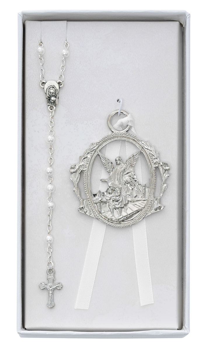 Picture of Mcvan BS18 6 x 3 in. White Pearl Rosary & Crib Metal with White Ribbon