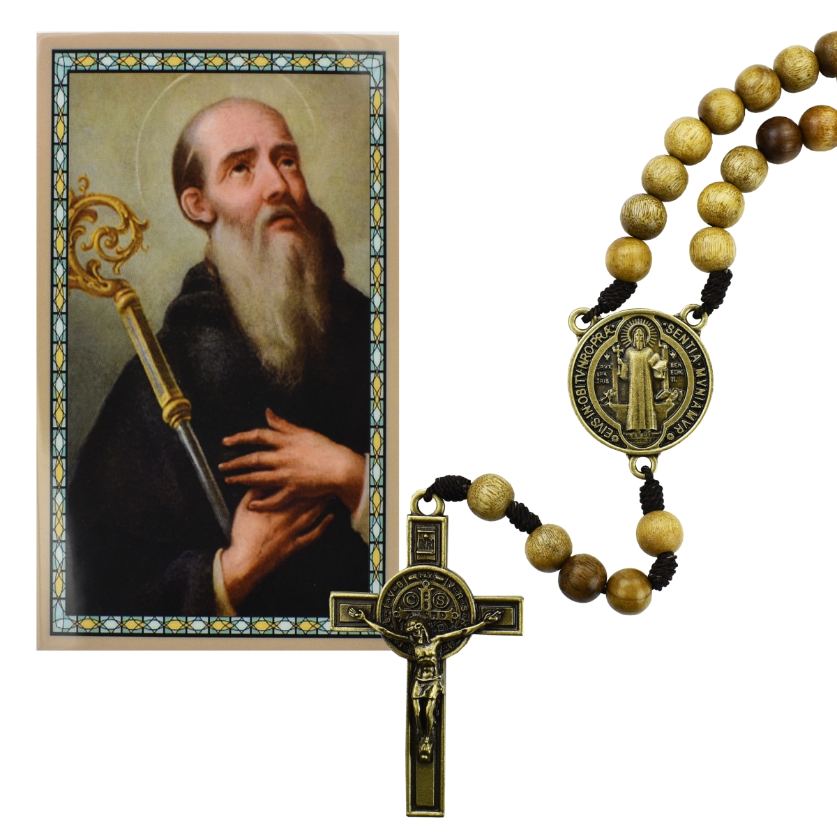 Picture of Mcvan P539R 18.5 in. Brown Brazillian Wood Saint Benedict Rosary with Holy Card