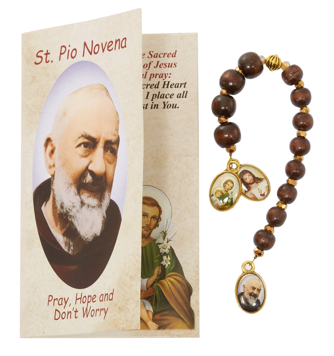 Picture of Mcvan CH137 7 in. Brown Padre Pio Chaplet & Prayer Card Set