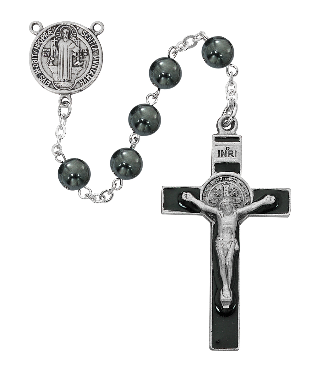 R974F 8 mm Hematite St. Benedict Rosary - Deluxe Box