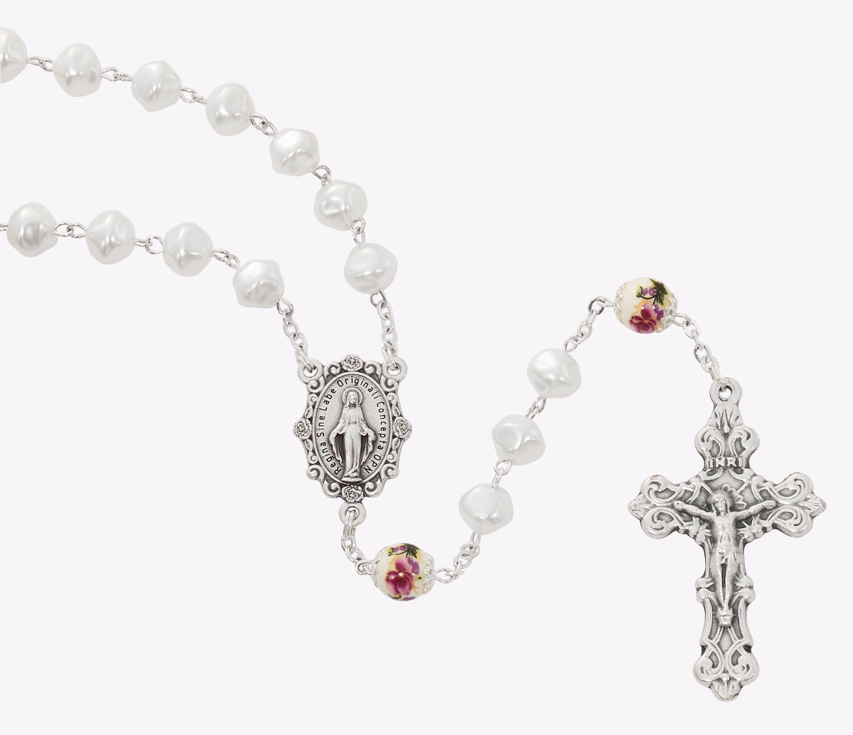 R968F 8 mm Pearl with Capped Ceramic O.F. Rosary - Deluxe Boxed