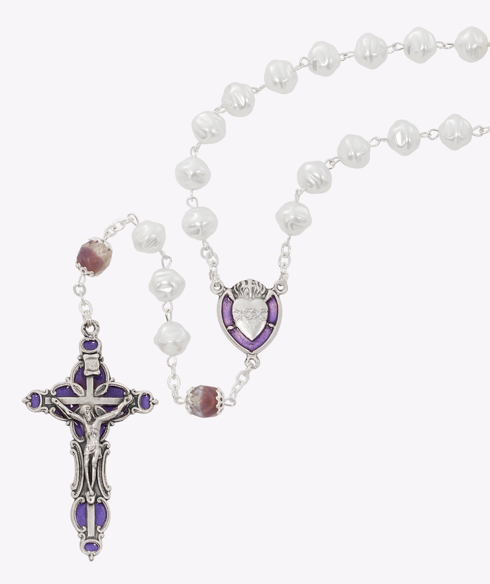 R972F 8 mm Pearl with Capped Amethyst Rosary