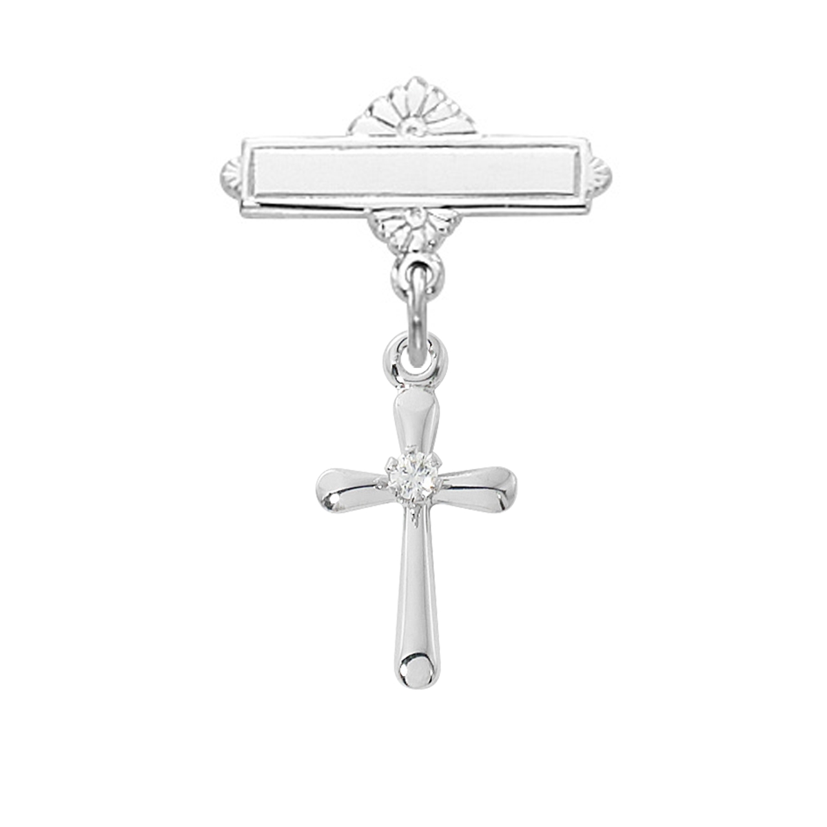 455LT Sterling Silver Cross with CZ Stone Baby Pin in Deluxe Box