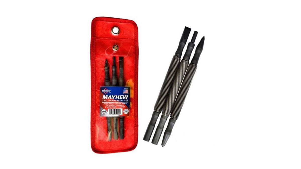 Mayhew 89021 3-Pcs Spring Loaded Hammerless Metalworking Punch & Chisel Set
