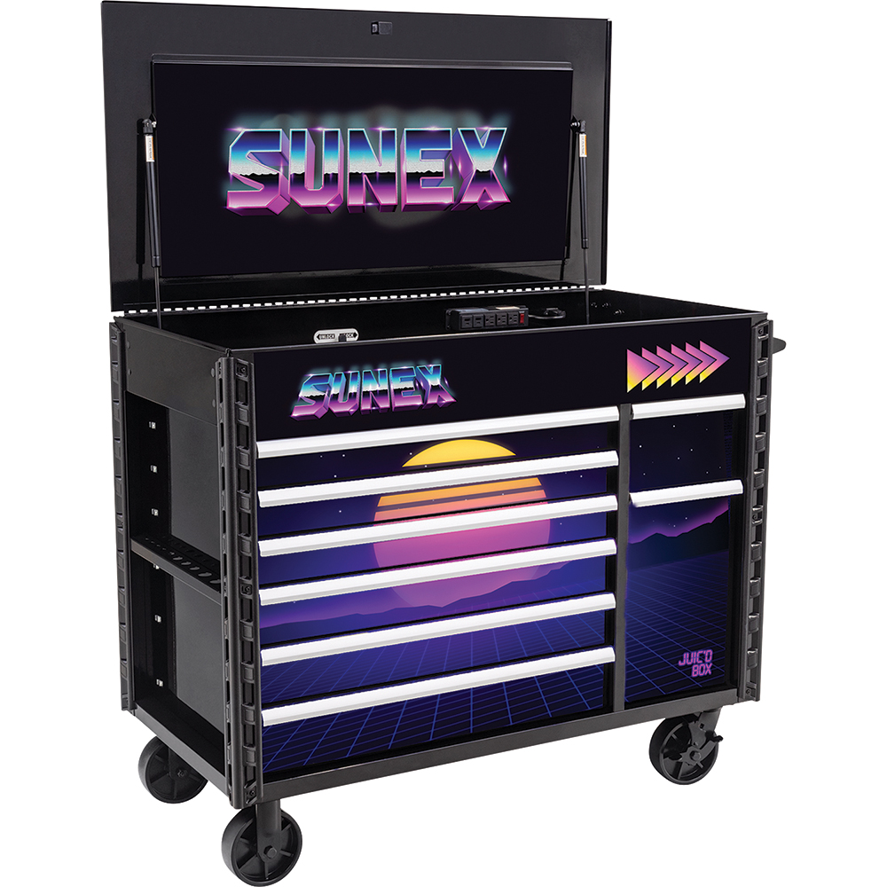 Sunex JUIC'D BOX 50 Inch 7 Drawer Powered Rolling Tool Cart with SYNTH RETRO Design - 8065PCBKSYNTH